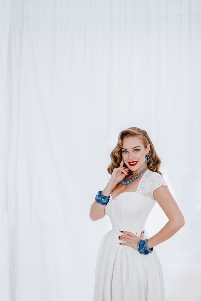 Splendette vintage inspired 1950s style Spring 2021 blue carved Duotone Forget-Me-Not and Cornflower fakelite jewellery modelled by Blossom & Buttercups