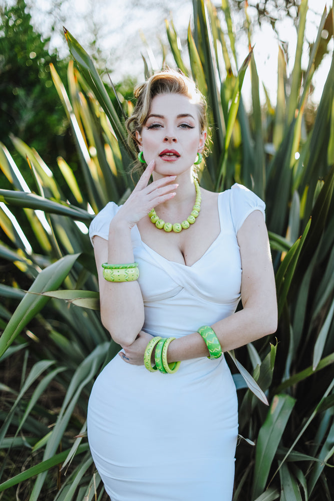 Splendette vintage inspired 1950s style Spring 2021 green Duotone carved fakelite Lime & Zest jewellery worn by Blossom & Buttercups