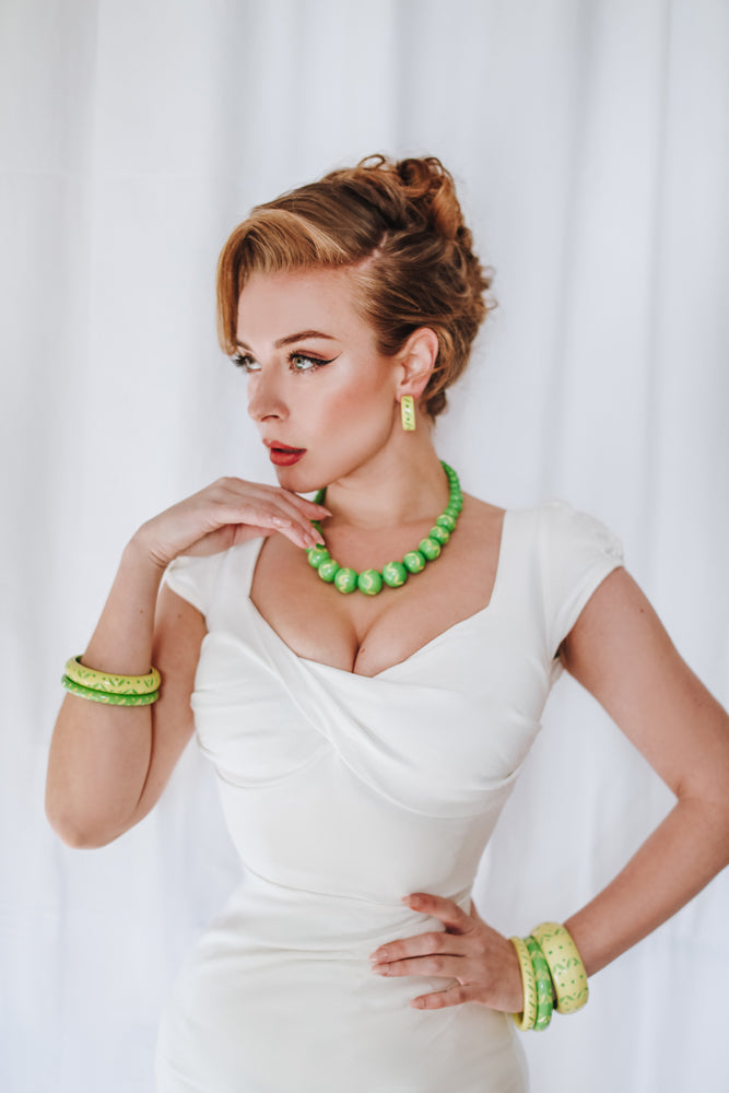 Splendette vintage inspired 1950s style Spring 2021 green Duotone fakelite Lime & Zest jewellery worn by Blossom & Buttercups