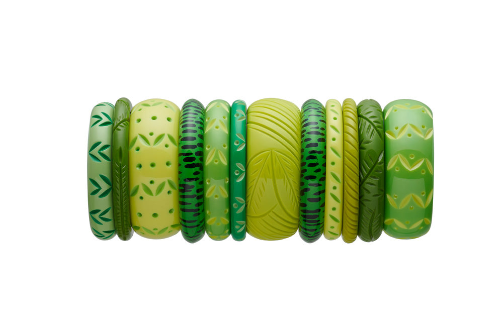 Splendette vintage inspired 1950s style stack of green carved fakelite bangles with Spring, Summer, Leaf, Chartreuse, Lime, Zest and Green Leopard Print