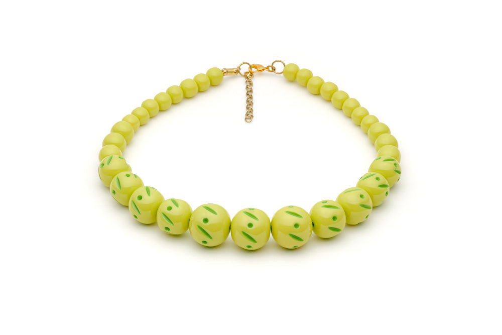Splendette vintage inspired 1950s style Spring 2021 bright green Duotone fakelite Zest Carved Bead Necklace