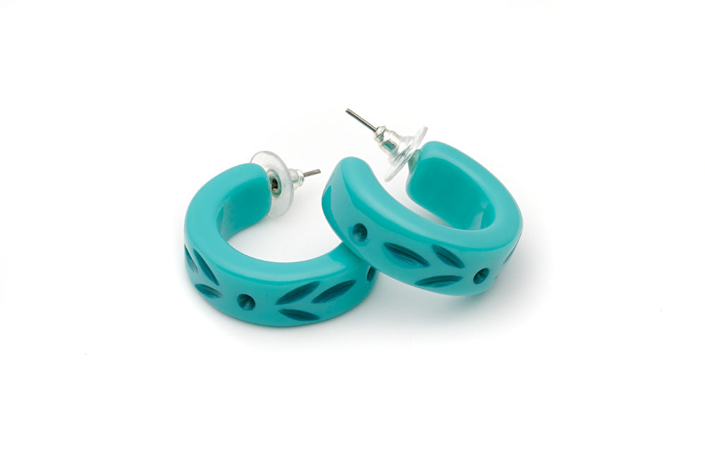 Splendette vintage inspired 1950s style turquoise Duotone fakelite Nymph Carved Hoop Earrings