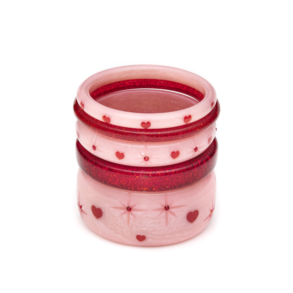 Splendette vintage inspired 1950s style Valentine's pink Sweetheart Starburst Bangles and Red Glitter Bangles in a stack