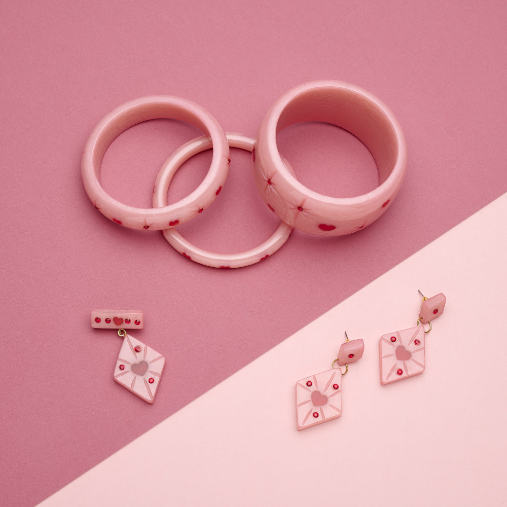 Splendette vintage inspired 1950s style Valentine's pink Sweetheart Starburst Bangles, Earrings and Brooch flat lay