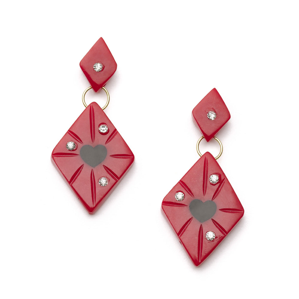 Splendette vintage inspired 1950s style Valentine's red Narrow Heartthrob Starburst Earrings