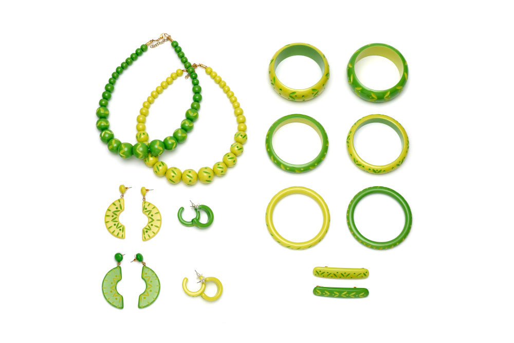 Splendette vintage inspired 1950s style Spring 2021 bright green carved Duotone fakelite jewellery flat lay with Lime & Zest