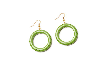 Splendette vintage inspired 1940s Bakelite style green fakelite Palm Heavy Carve Drop Hoop Earrings