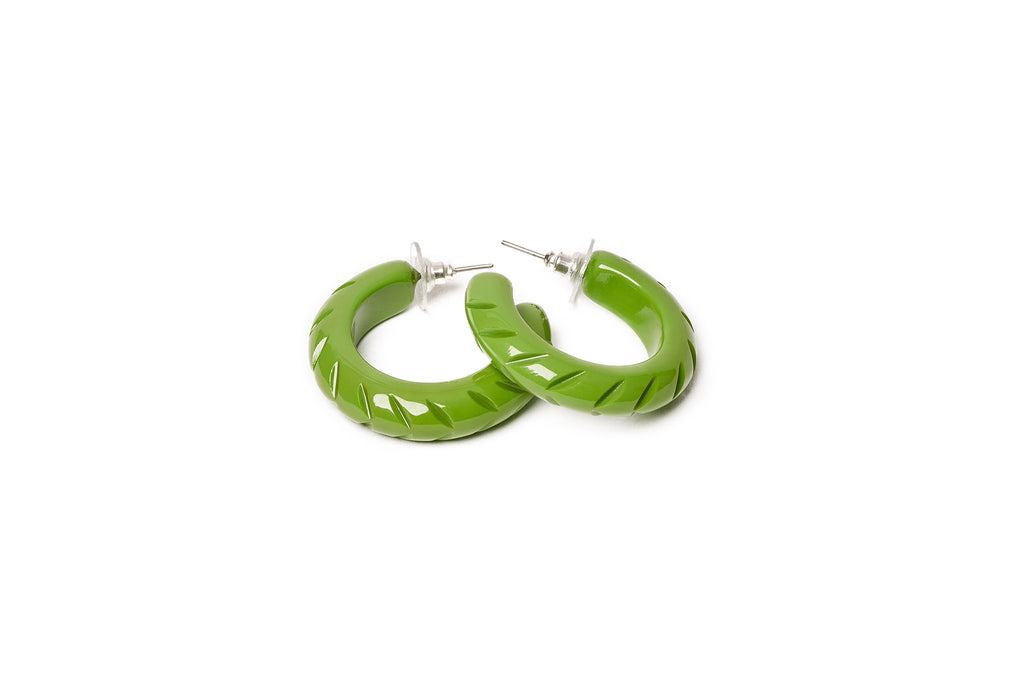 Splendette vintage inspired 1940s Bakelite style green fakelite Palm Heavy Carve Hoop Earrings