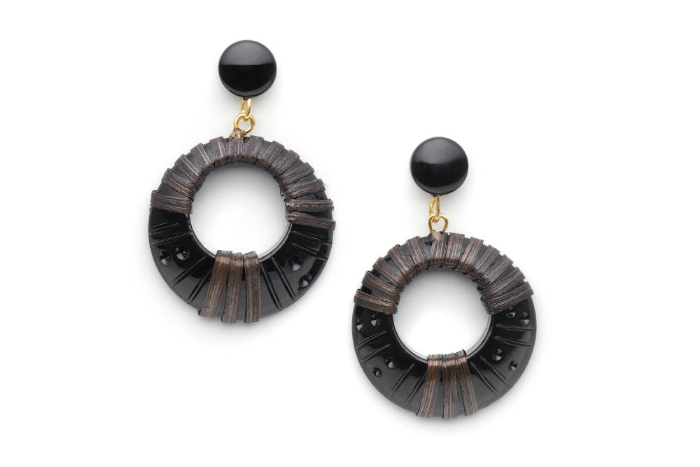 Splendette vintage inspired 1940s 1950s Bakelite Style black carved fakelite Panther Dark Cane Drop Hoop Earrings