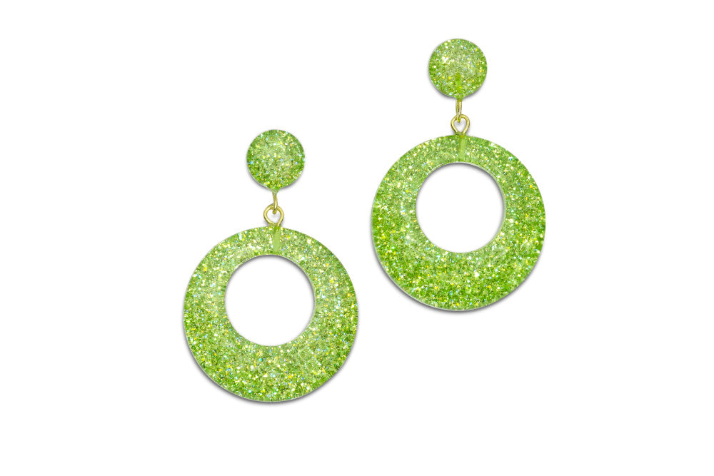 Splendette vintage inspired 1950s pin up style new bright green Lime Glitter Drop Hoop Earrings