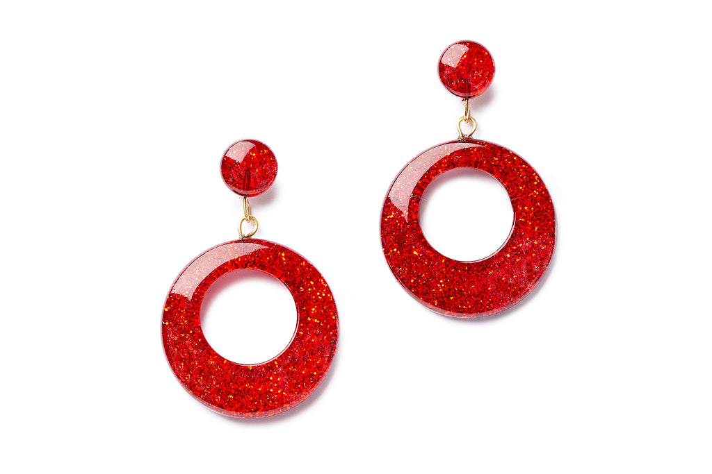 Splendette vintage inspired 1950s style Christmas Valentines Red Glitter Drop Hoop Earrings