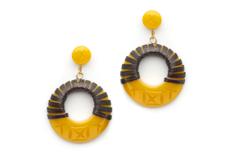 Splendette vintage inspired 1940s 1950s tropical style carved yellow fakelite Ochre Dark Cane Drop Hoop Earrings
