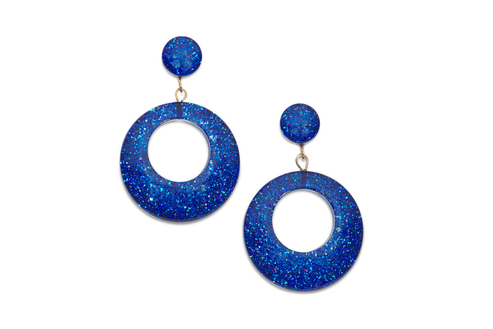 Splendette vintage inspired 1950s pin up style new Blue Glitter Drop Hoop Earrings
