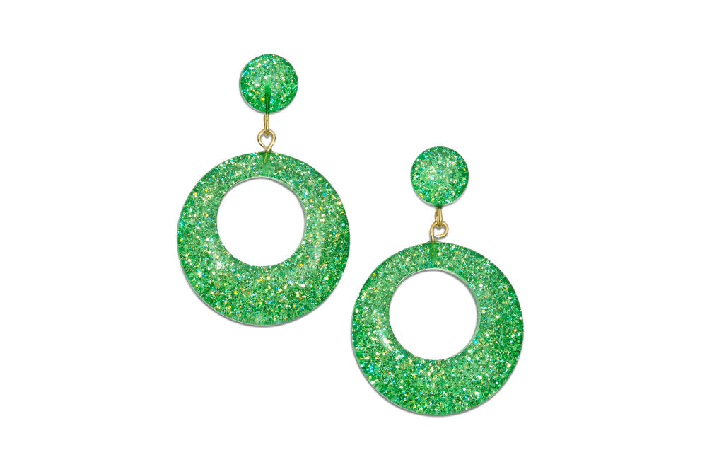 Splendette vintage inspired 1950s pin up style new Leaf Green Glitter Drop Hoop Earrings