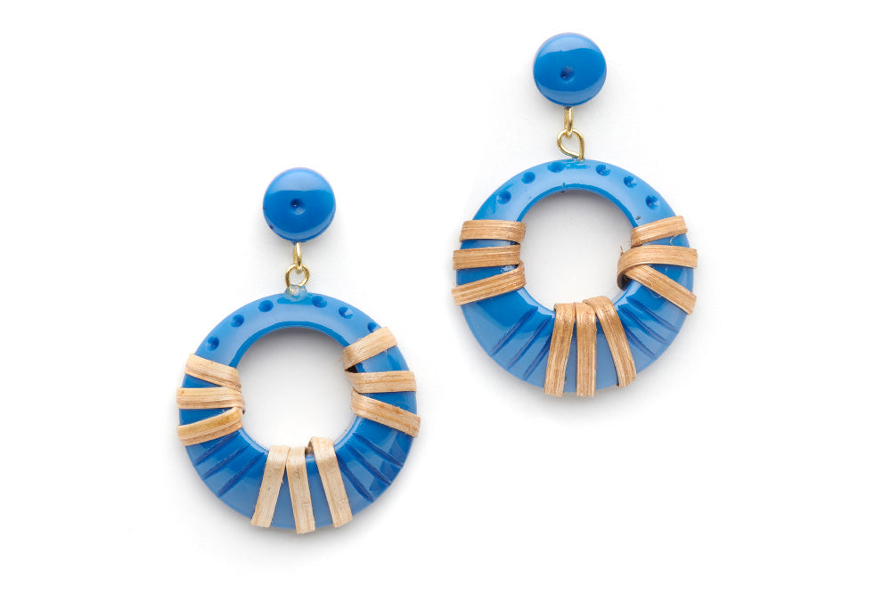 Splendette vintage inspired 1940s 1950s holiday vacation style carved blue fakelite Pacific Light Cane Drop Hoop Earrings