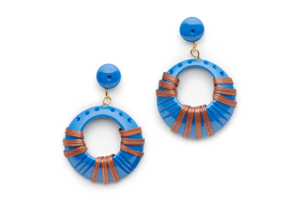 Splendette vintage inspired 1940s 1950s holiday vacation style carved blue fakelite Pacific Mid Cane Drop Hoop Earrings
