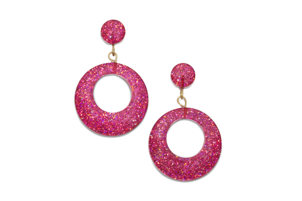 Splendette vintage inspired 1950s pin up style pink Peony Glitter Drop Hoop Earrings