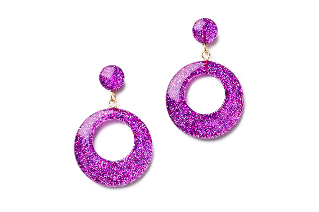 Splendette vintage inspired 1950s pin up style Halloween Purple Glitter Drop Hoop Earrings