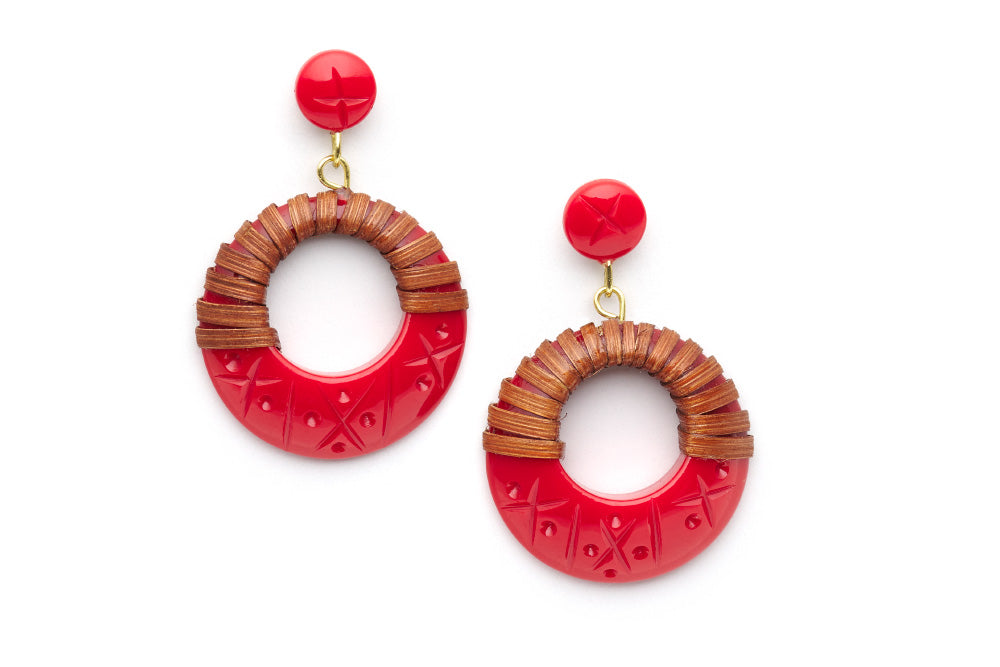 Splendette vintage inspired 1940s 1950s tropical style carved red fakelite Rosella Mid Cane Drop Hoop Earrings