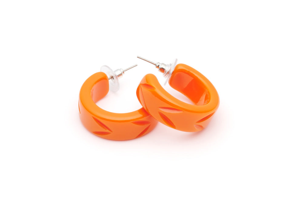 Splendette vintage inspired 1940s 1950s tropical style carved orange fakelite Tangerine Carved Hoop Earrings