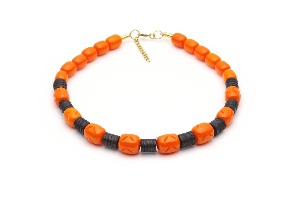 Splendette vintage inspired 1940s 1950s tropical style carved orange fakelite Tangerine Dark Cane Bead Necklace