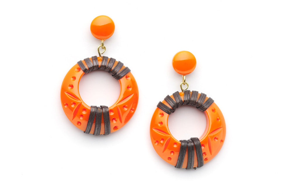Splendette vintage inspired 1940s 1950s tropical style carved orange fakelite Tangerine Dark Cane Drop Hoop Earrings