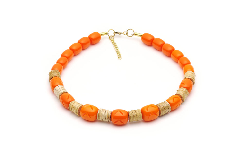 Splendette vintage inspired 1940s 1950s tropical style carved orange fakelite Tangerine Light Cane Bead Necklace