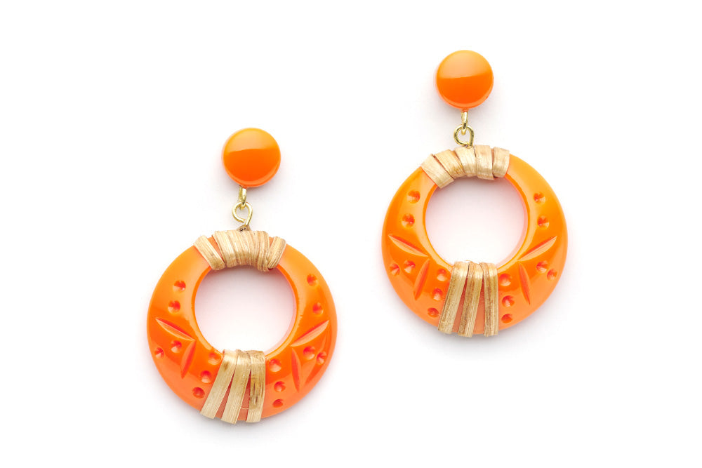 Splendette vintage inspired 1940s 1950s tropical style carved orange fakelite Tangerine Light Cane Drop Hoop Earrings