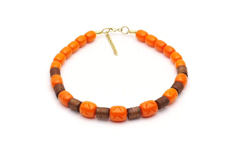 Splendette vintage inspired 1940s 1950s tropical style carved orange fakelite Tangerine Mid Cane Bead Necklace