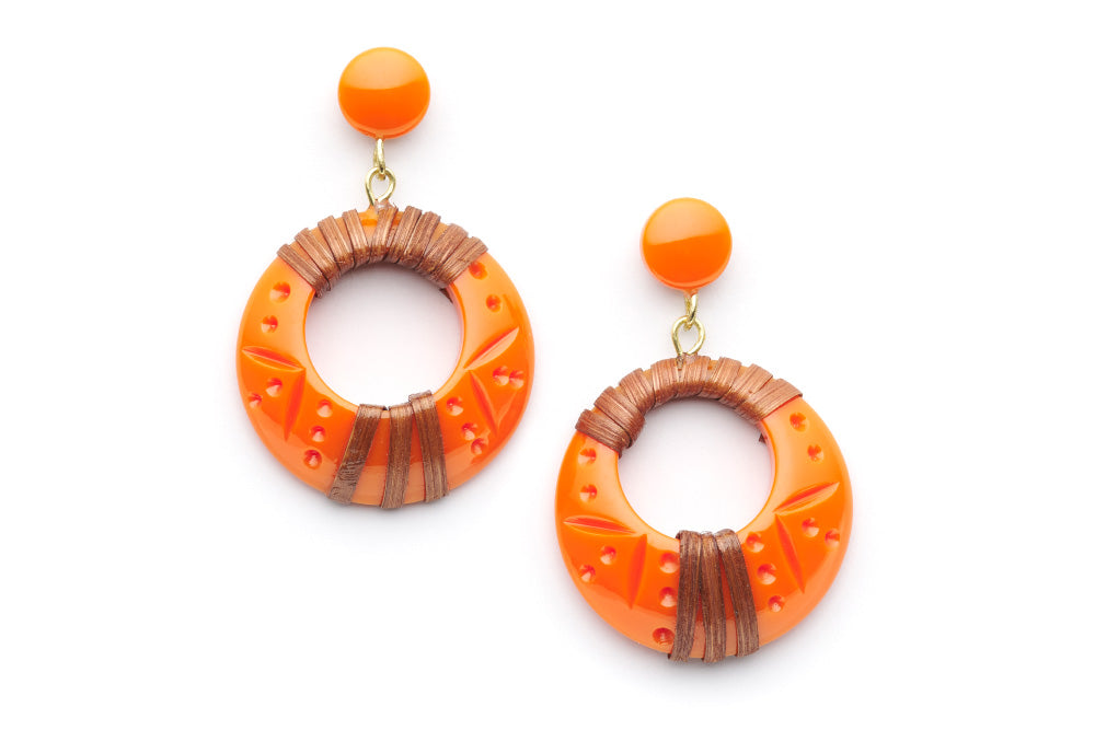 Splendette vintage inspired 1940s 1950s tropical style carved orange fakelite Tangerine Mid Cane Drop Hoop Earrings