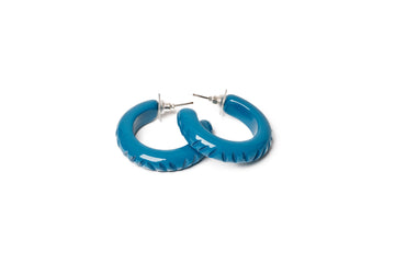 Splendette vintage inspired 1950s style teal blue fakelite Peacock Heavy Carve Hoop Earrings