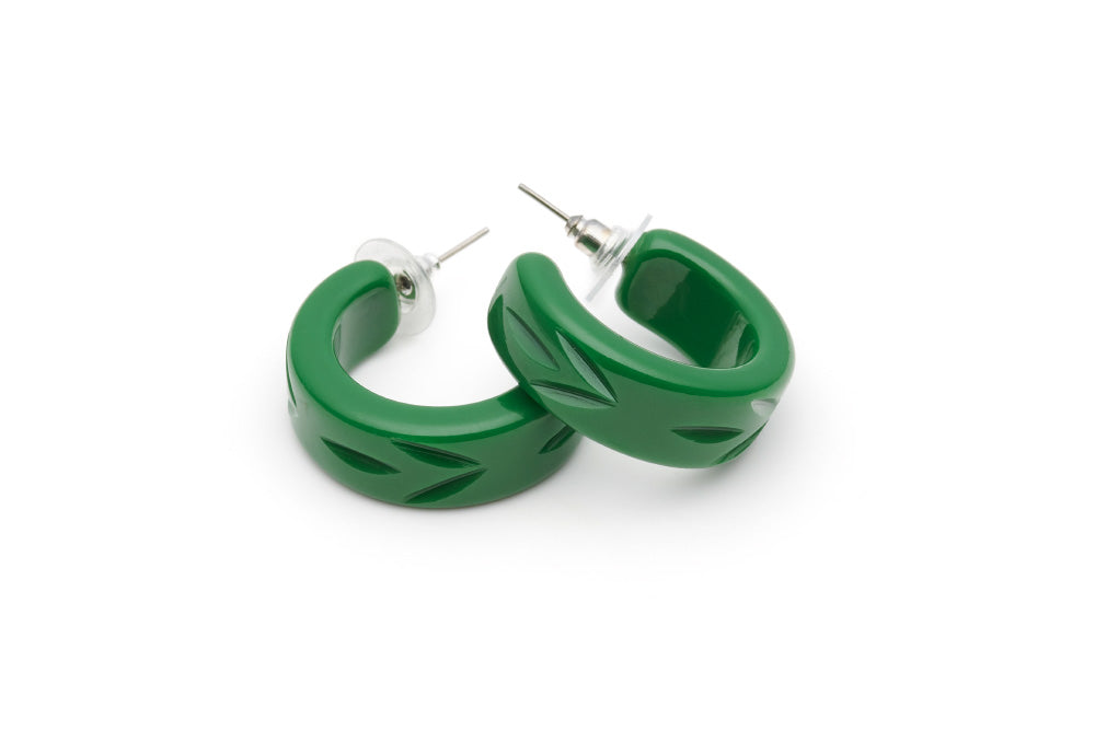 Splendette vintage inspired 1940s 1950s Bakelite style carved green fakelite Parakeet Carved Hoop Earrings