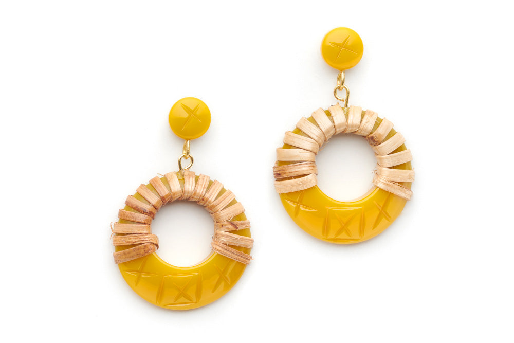 Splendette vintage inspired 1940s 1950s tropical style carved yellow fakelite Ochre Light Cane Drop Hoop Earrings