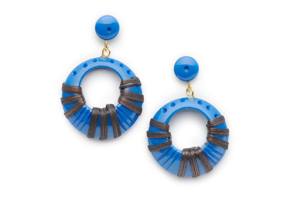 Splendette vintage inspired 1940s 1950s holiday vacation style carved blue fakelite Pacific Dark Cane Drop Hoop Earrings