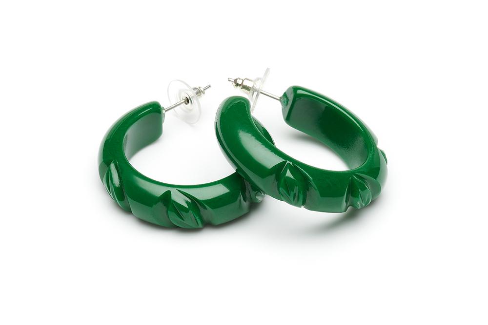 Splendette vintage inspired 1940s Bakelite style green Forest Heavy Carve Fakelite Hoop Earrings