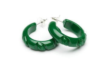 Splendette vintage inspired 1940s Bakelite style green Forest Heavy Carve Fakelite Hoop Earrings