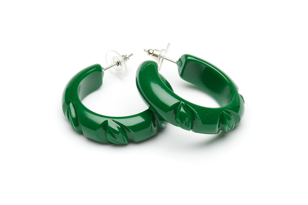 Splendette vintage inspired 1940s Bakelite style forest green heavy carve hoop earrings