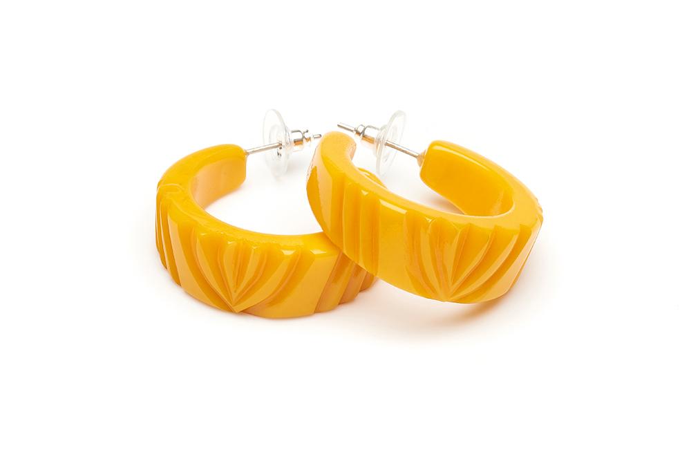 Splendette vintage inspired 1940s Bakelite style yellow Yolk Heavy Carve Fakelite Hoop Earrings