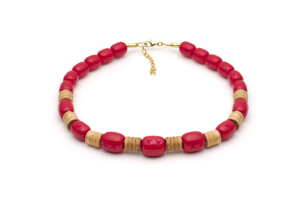 Splendette vintage inspired 1940s 1950s tropical style carved red fakelite Rosella Light Cane Bead Necklace
