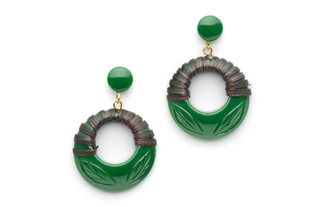 Splendette vintage inspired 1940s 1950s Bakelite style carved green fakelite Parakeet Dark Cane Drop Hoop Earrings