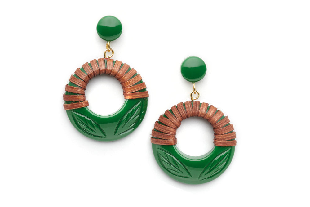 Splendette vintage inspired 1940s 1950s Bakelite style carved green fakelite Parakeet Mid Cane Drop Hoop Earrings