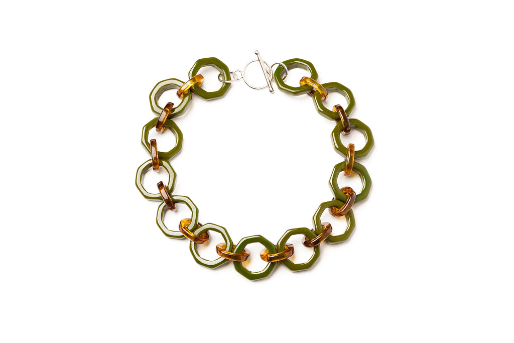 Splendette vintage inspired retro style green and tortoiseshell fakelite Khaki Necklace