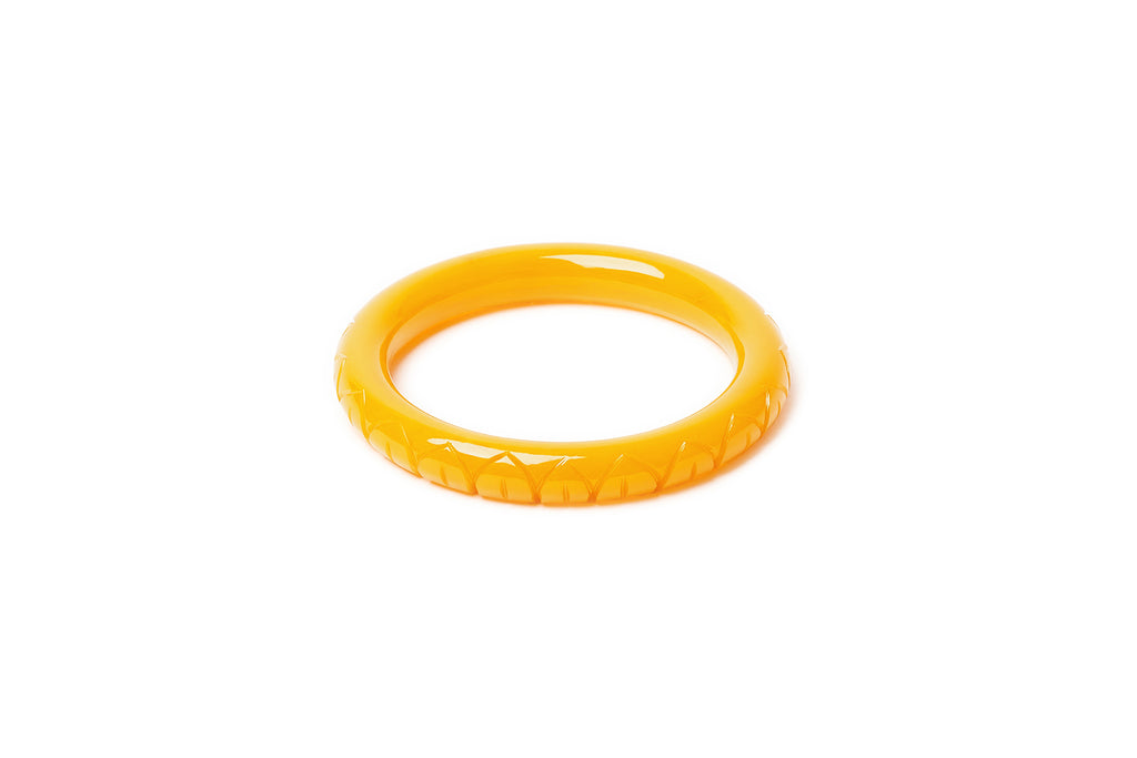 Splendette vintage inspired 1930s style carved yellow small size Narrow Sand Fakelite Maiden Bangle