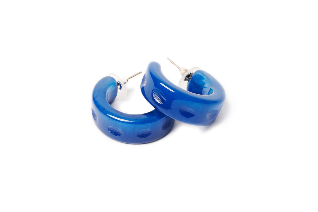 Splendette vintage inspired 1940s style carved Bristol Blue Fakelite Hoop Earrings