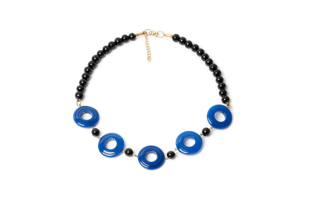 Splendette vintage inspired 1940s style carved Bristol Blue Fakelite Necklace