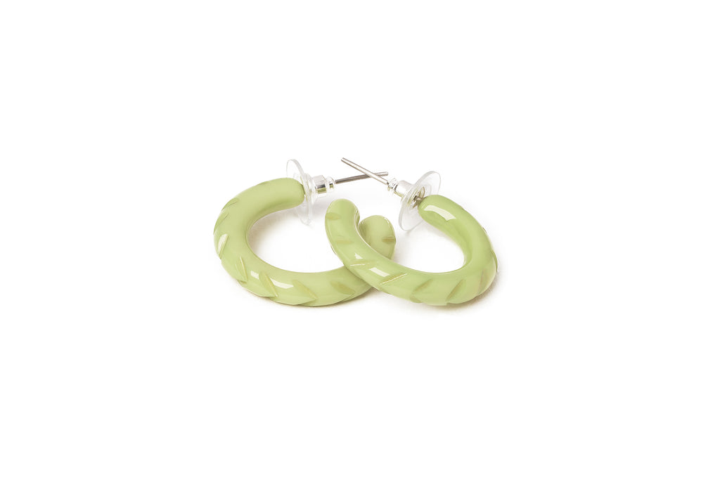 Splendette vintage inspired 1940s Bakelite style carved pastel green fakelite Rowan Hoop Earrings