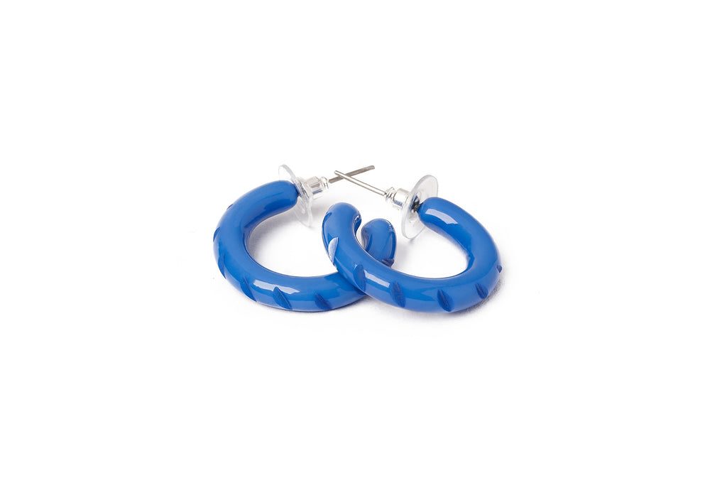 Splendette vintage inspired 1940s style carved blue fakelite Veronica Hoop Earrings