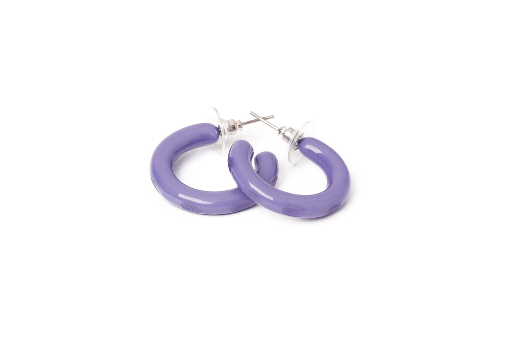 Splendette vintage inspired 1940s style pastel purple carved fakelite Petunia Hoop Earrings