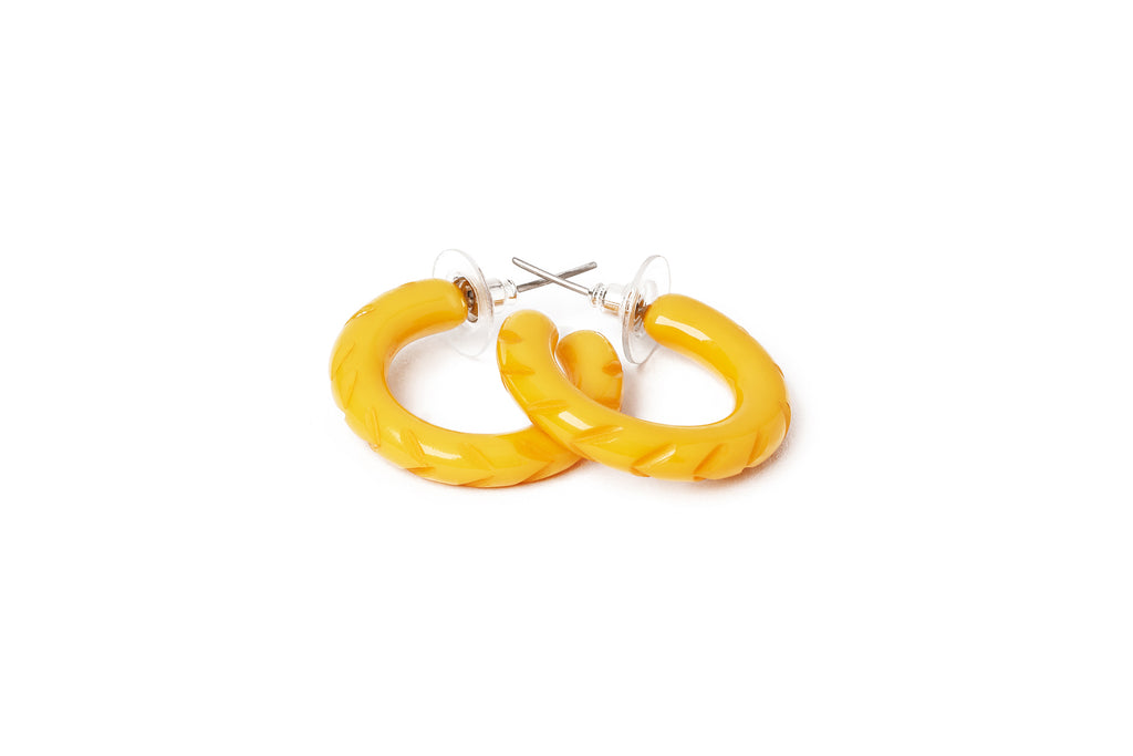 Splendette vintage inspired 1940s style carved yellow pastel fakelite Primrose Hoop Earrings