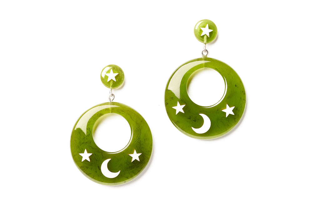 Splendette vintage inspired 1950s Halloween style green Zombie Drop Hoop Earrings